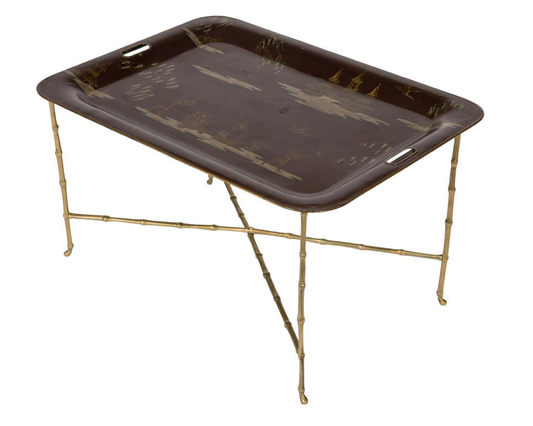 Tole Tray on Faux Bamboo Brass Base: Description - A tole tray on a faux bamboo brass base. Dimensions - 17" x 29" x 22"