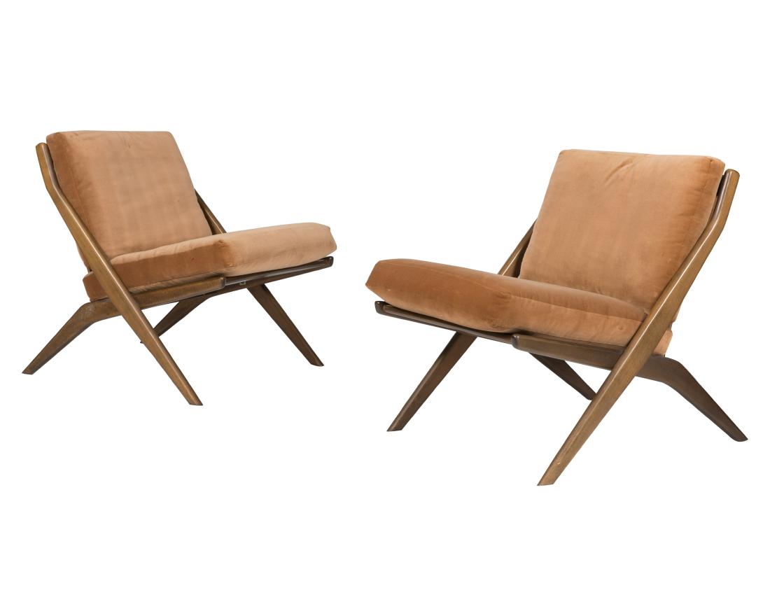 Folke Ohlsson for DUX Scissor Chairs - Signed: Description - A pair of Dux by Folke Ohlsson scissor chairs, signed. Dimensions - 29" x 26" x 89"
