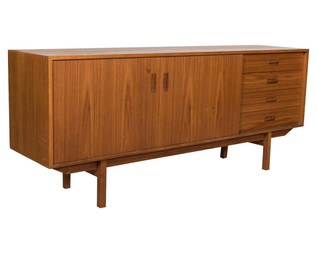 Danish Teak Credenza: Description - A Danish teak credenza with sliding doors and fitted drawers. Dimensions - 30" x 72" x 18"