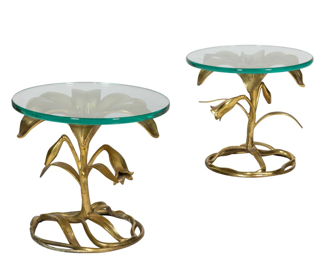 Pair Arthur Court Style Tables: Description - A pair of Arthur Court style floral glass top table. Dimensions - 17" x 18.5"