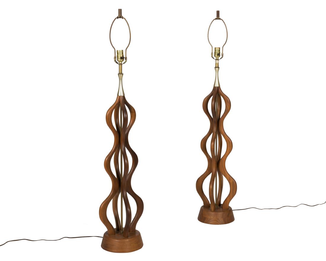Pair Walnut Sculpted Table Lamps (1 of 3)