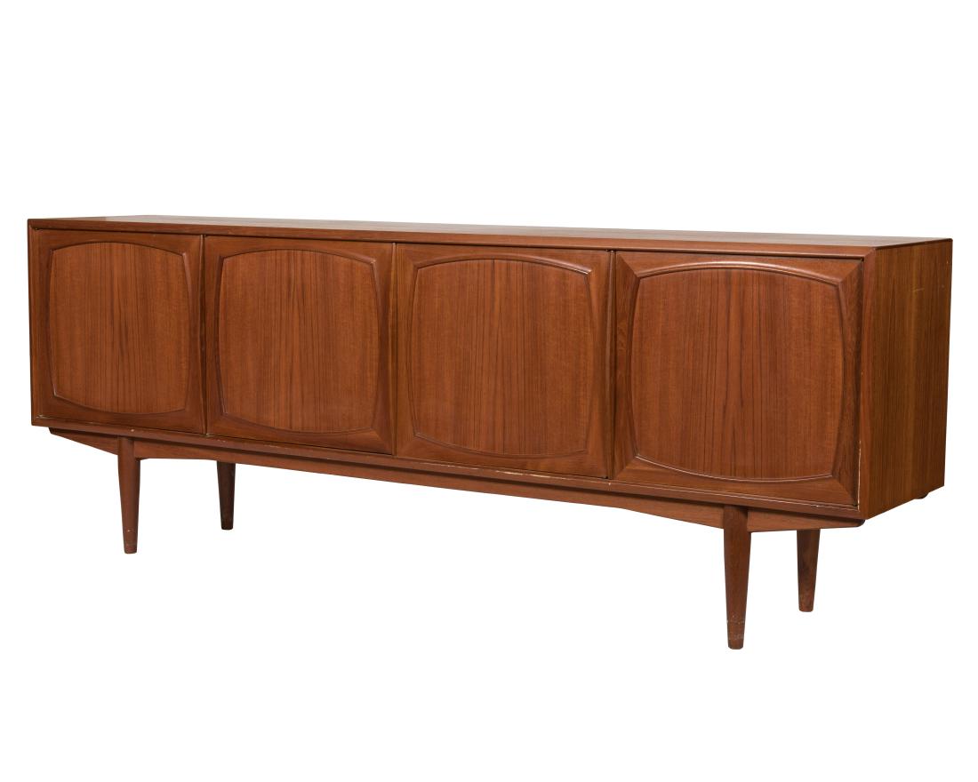 Danish Teak Credenza: Description - A Danish teak credenza. Dimensions - 32" x 87" x 18"