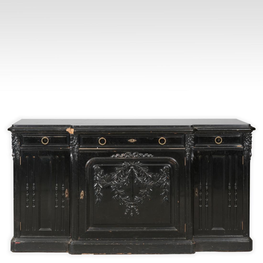 Victorian Ebony Marble Top Sideboard: Description - A Victorian ebony marble top sideboard. Dimensions - 35" x 70" x 24"
