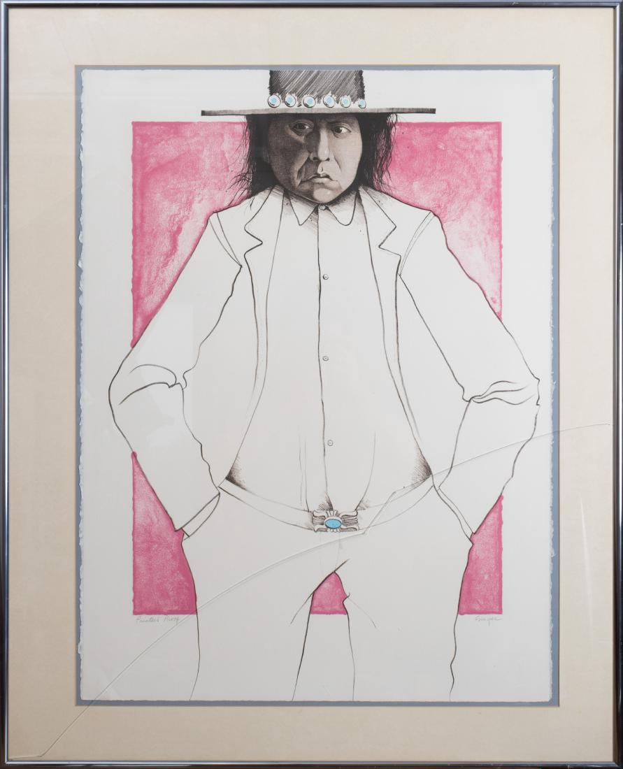 Ed Singer - "Who is R. C. Gorman" - Printers Proof: Description - Lithograph by Ed Singer, titled "Who is R. C. Gorman." Signed in pencil and marked as a printers proof. Knoll Pharmaceutical badge on top edge of frame. Dimensions - Frame - 37" x 29.5".