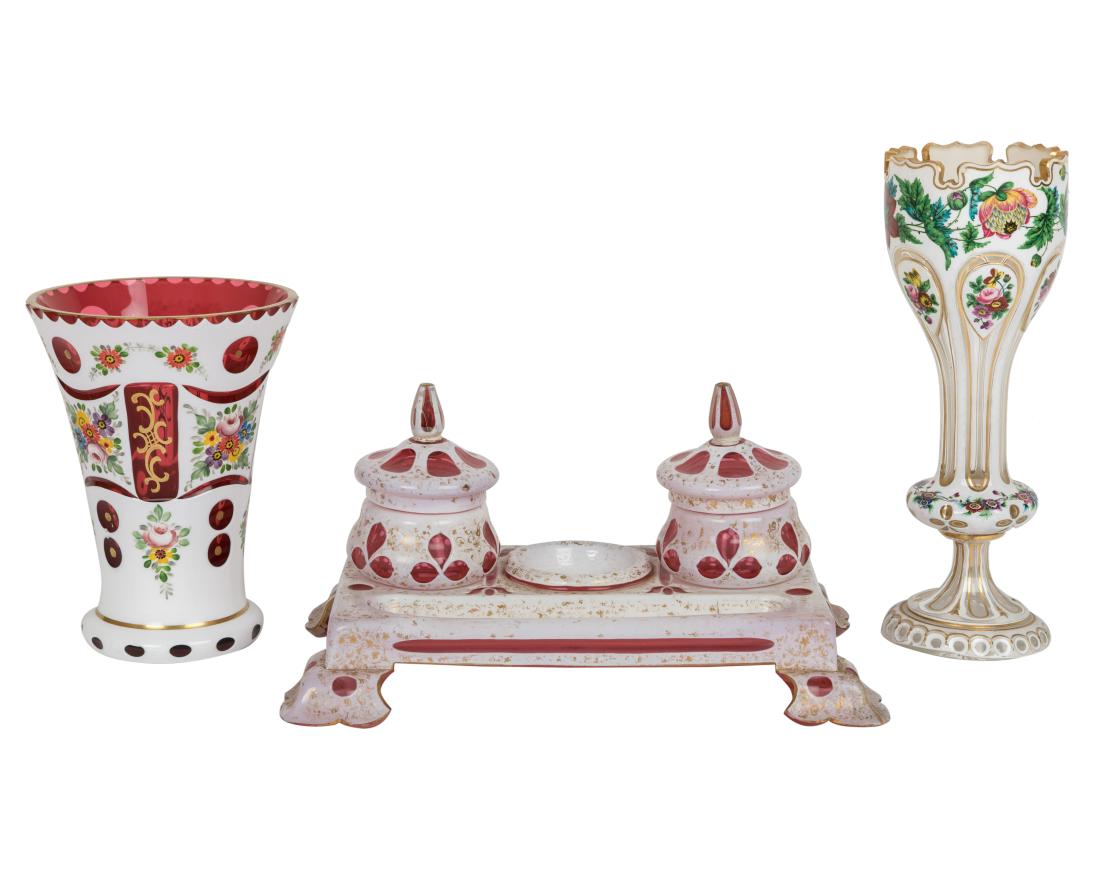 Bohemian Overlay Inkwell and Two Vases (1 of 4)