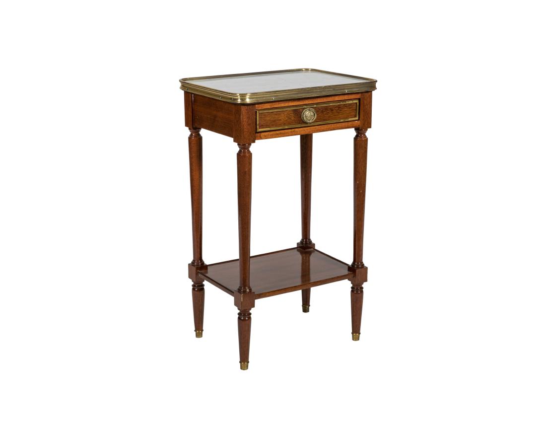 French Marble Top Stand: Description - A French marble top stand with brass trim. Dimensions - 26.5" x 12" x 16"