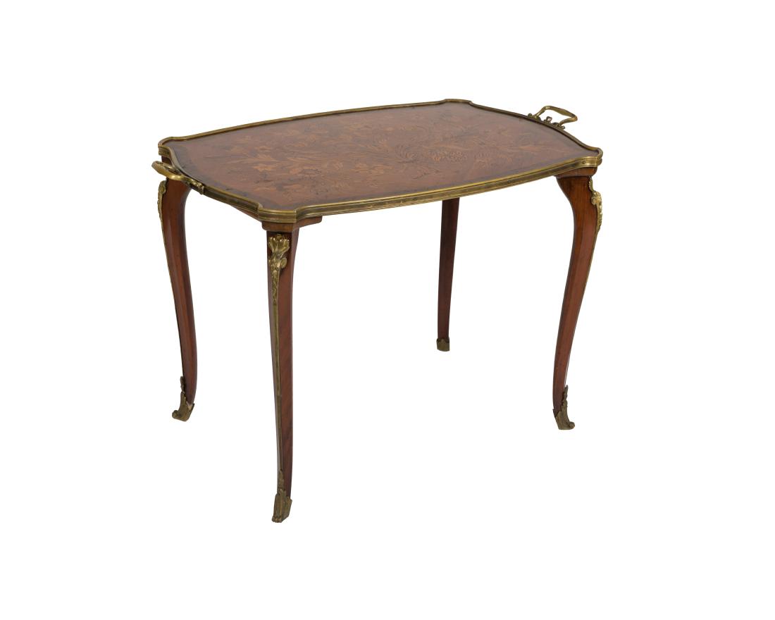 Louis XVI French Bronze Mounted Tray Table: Description - A Louis XVI French bronze mounted marquetry tray table. Dimensions - 25" x 37" x 22"