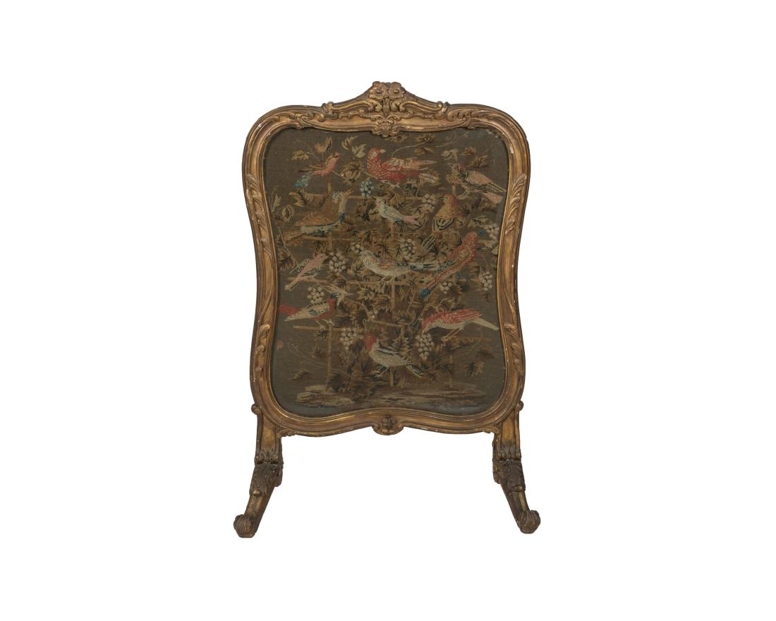 French Needlepoint Fire Screen: Description - A French gesso 19th century needlepoint fire screen. Dimensions - 40" x 28" x 16"