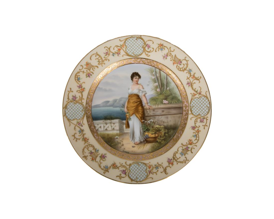 Royal Vienna Figural Plate - Artist Signed Bernard: Description - A royal Vienna figural cabinet plate with raised gold decoration, artist signed Bernard. Dimensions - 9.5"