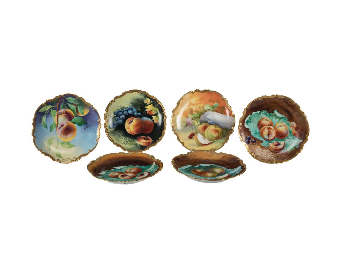 Hand Painted Limoge Chargers - Signed: Description - A set of six hand painted limoge chargers, five artist signed. Dimensions - 11.5"