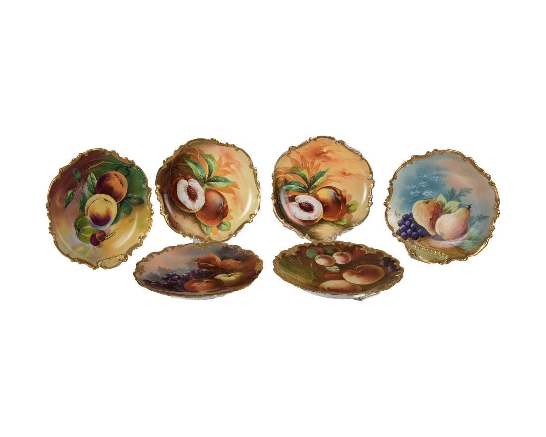 Hand Painted Limoge Chargers - Signed: Description - A set of six hand painted limoge chargers, artist signed. Dimensions - 10"