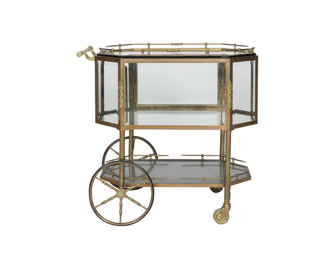 Beveled Glass and Brass Curio Tea Trolley: Description - A beveled glass and brass curio tea trolley. Dimensions - 31" x 19" x 33.5"