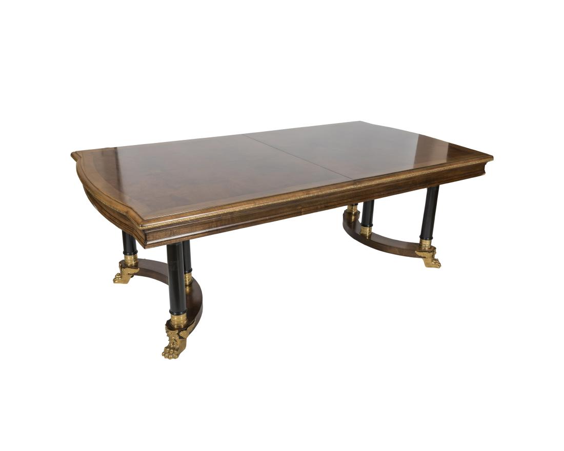 French Empire Style Walnut Banded Dining Table: Description - A bronze mounted French empire style walnut banded dining room table with two leave. Dimensions - Table - 31" x 89" x 48" Leaves - 20"