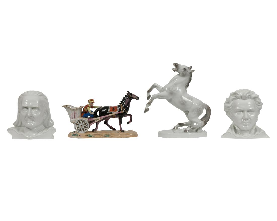 Group of Porcelain: Description - A group of porcelain including, Rosenthal horse, pair of Czech busts and Staffordshire horse and jockey. Dimensions - Rosenthal horse - 11" x 10" x 5"