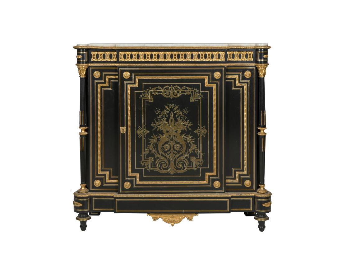 Marble Top Boulle Inlaid Credenza: Description - A marble top boulle inlaid one door credenza. Dimensions - 45.5" x 46" x 16.5"