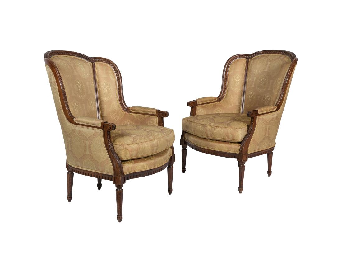 Louis XVI Pair Walnut Bergere Chairs: Description - A pair of Louis XVI walnut Bergere chairs. Dimensions - 40" x 27" x 28"