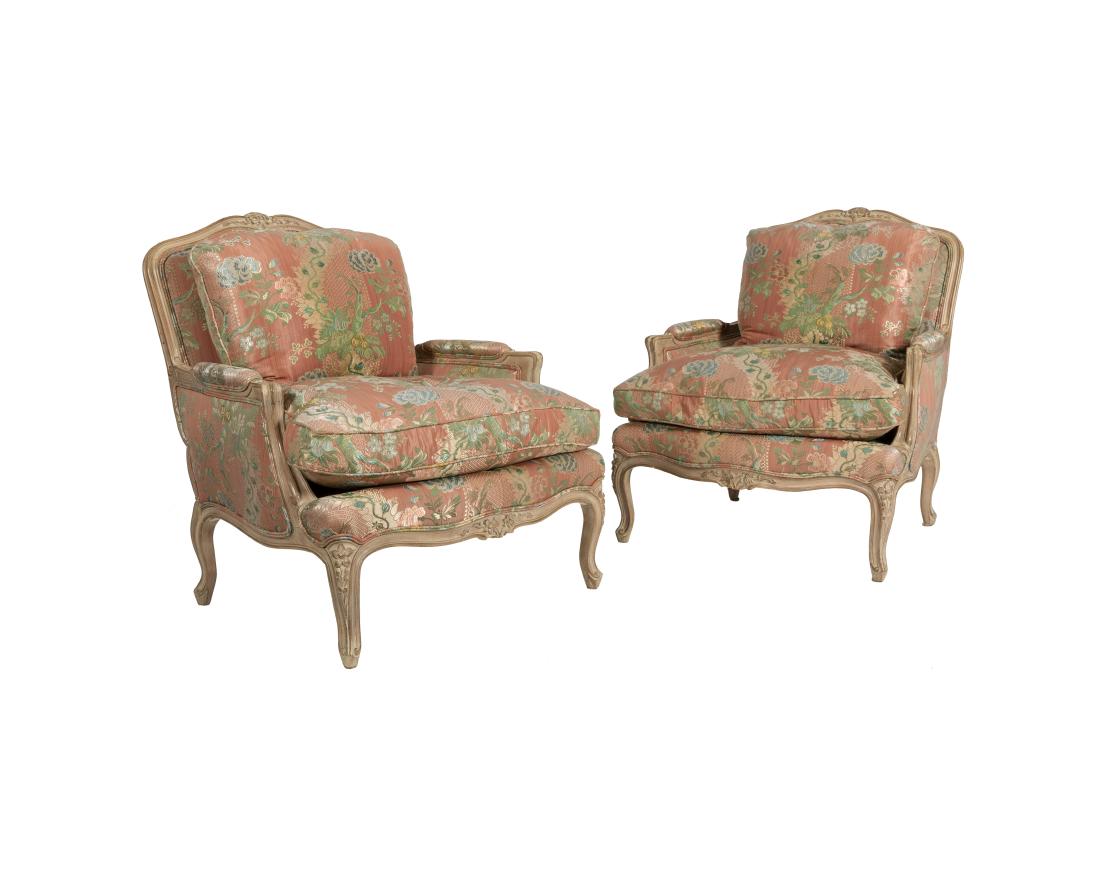 Louis XV 19th c. Bergere Chairs: Description - A pair of Louis XV 19th century bergere chairs with silk upholstery. Dimensions - 36" x 36" x 31"