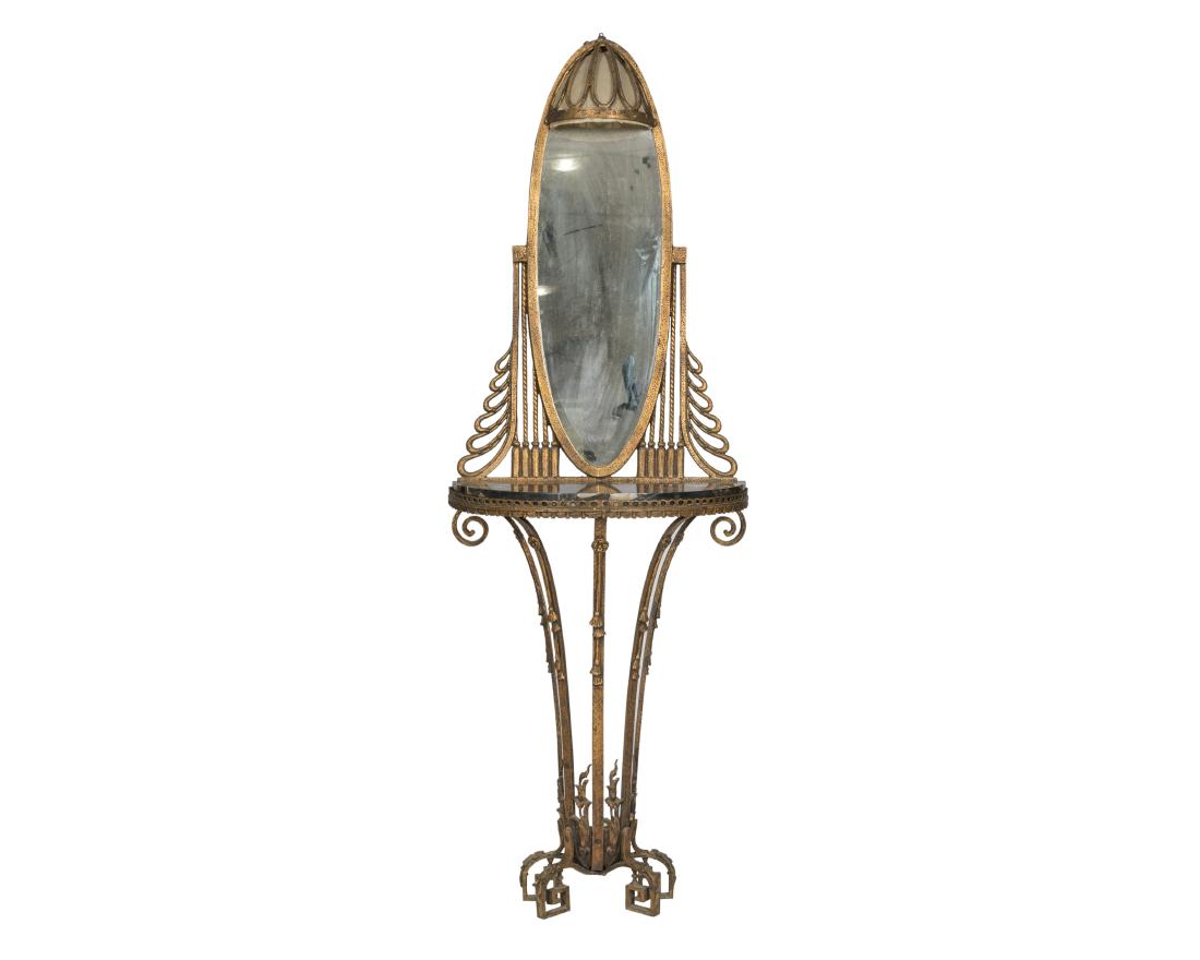 Art Deco Pier Table and Lighted Mirror: Description - An Art Deco marble top pier table and lighted mirror. Dimensions - 68" x 23.5" x 10.5"