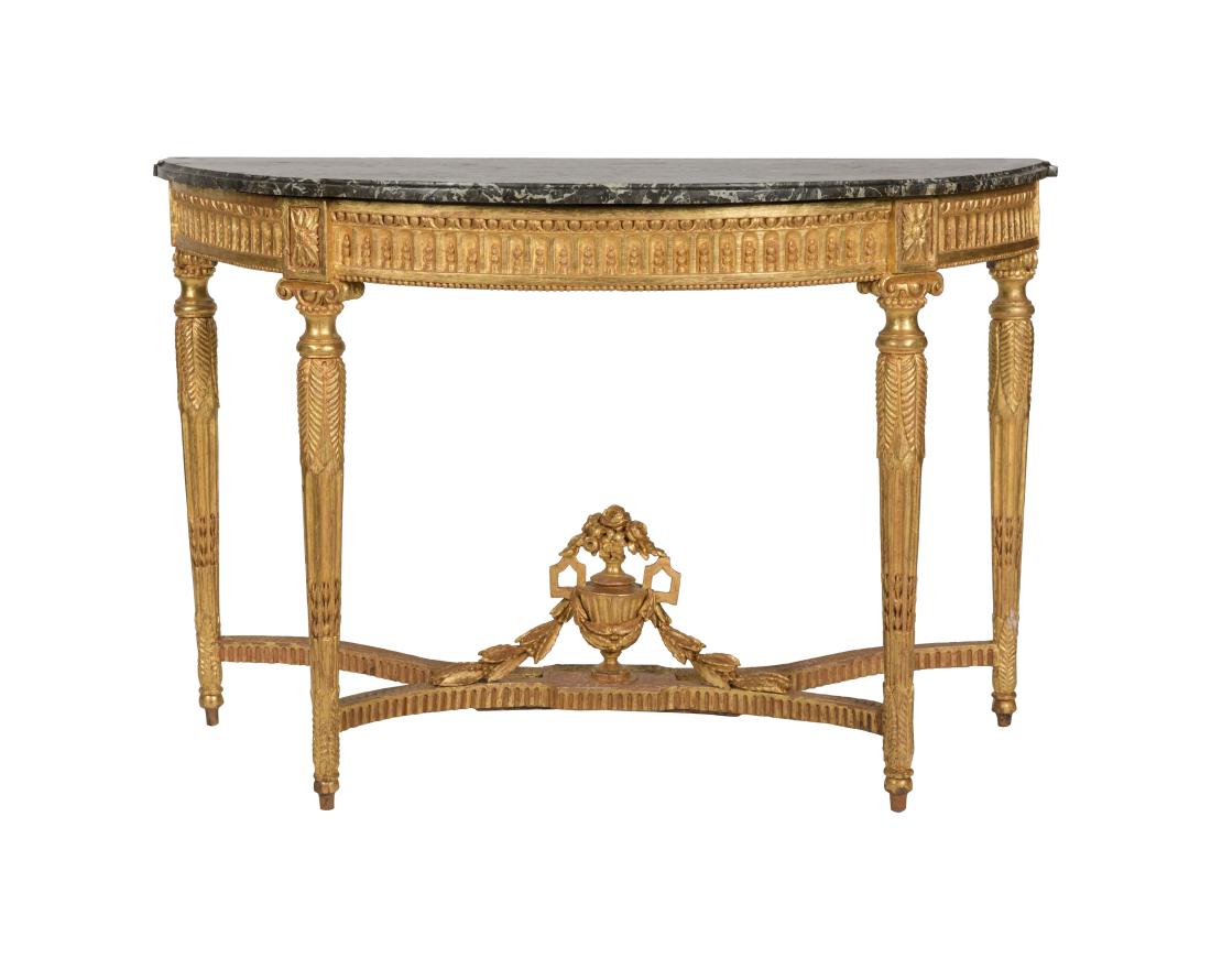 Louis XVI 18th c. Marble Top Demilune Console: Description - A Louis XVI 18th century carved gessoed and gilt marble top demiline commode. Dimensions - 33" x 51" x 22.5"