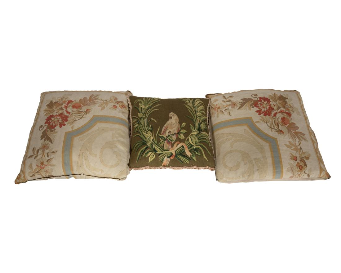 Three Aubusson Pillows: Description - A group of three aubusson pillows. Dimensions - Largest - 22" x 22"