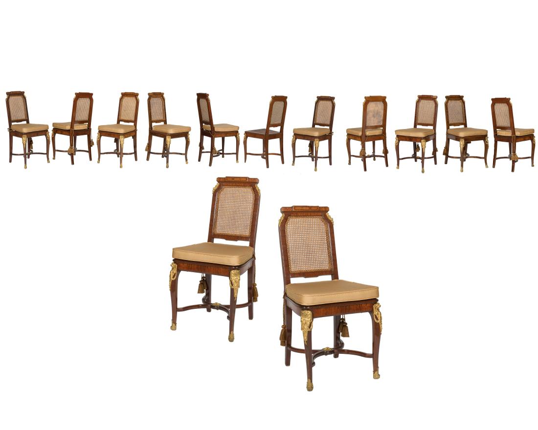 Louis XV Bronze Mounted Dining Chairs - Set of 12: Description - A set of 12 Louis XV bronze mounted dining chairs with carved backs and seats. Dimensions - 38" x 17.5" x 18"