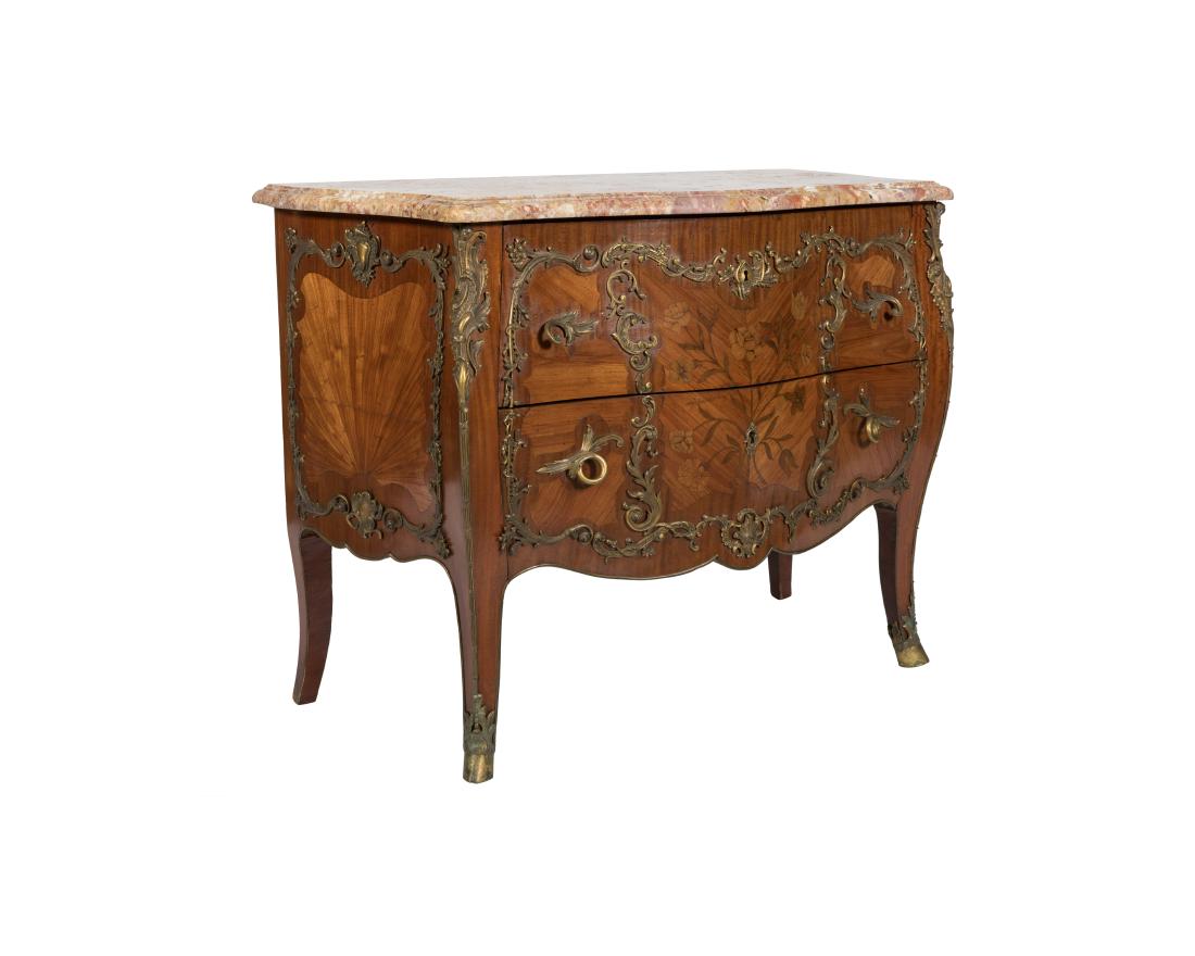 Bronze Mounted Floral Marquetry Commode: Description - A late 18th early 19th century bronze mounted two drawer commode with floral marquetry and hoot feet. Dimensions - 32" x 41.5" x 20.5"