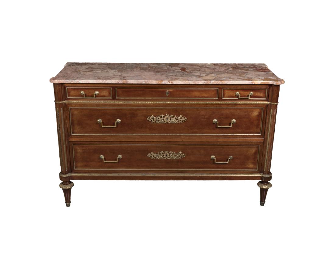French Directoire Bronze and Marble Top Dresser: Description - A French Directoire bronze mounted and rouge marble top dresser. Dimensions - 36" x 57" x 21.5"