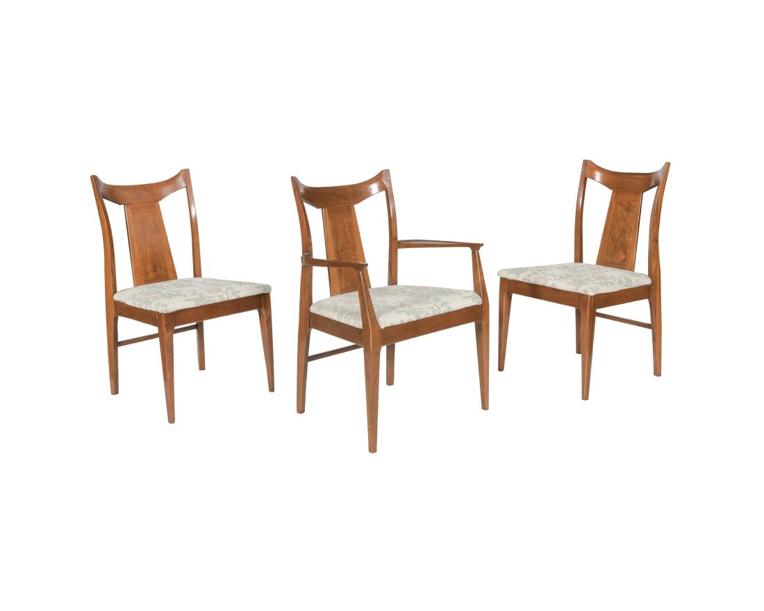Six Brasilia Style Dining Room Chairs: Description - A set of six Brasilia style dining room chairs. Dimensions - Arm chair - 35" x 23" x 18"