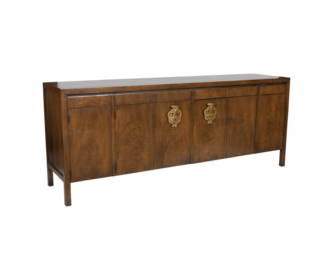 Johnson Brothers Walnut Credenza: Description - A Johnsdon Brothers walnut Chinese modern credenza. Dimensions - 32" x 80" x 20"
