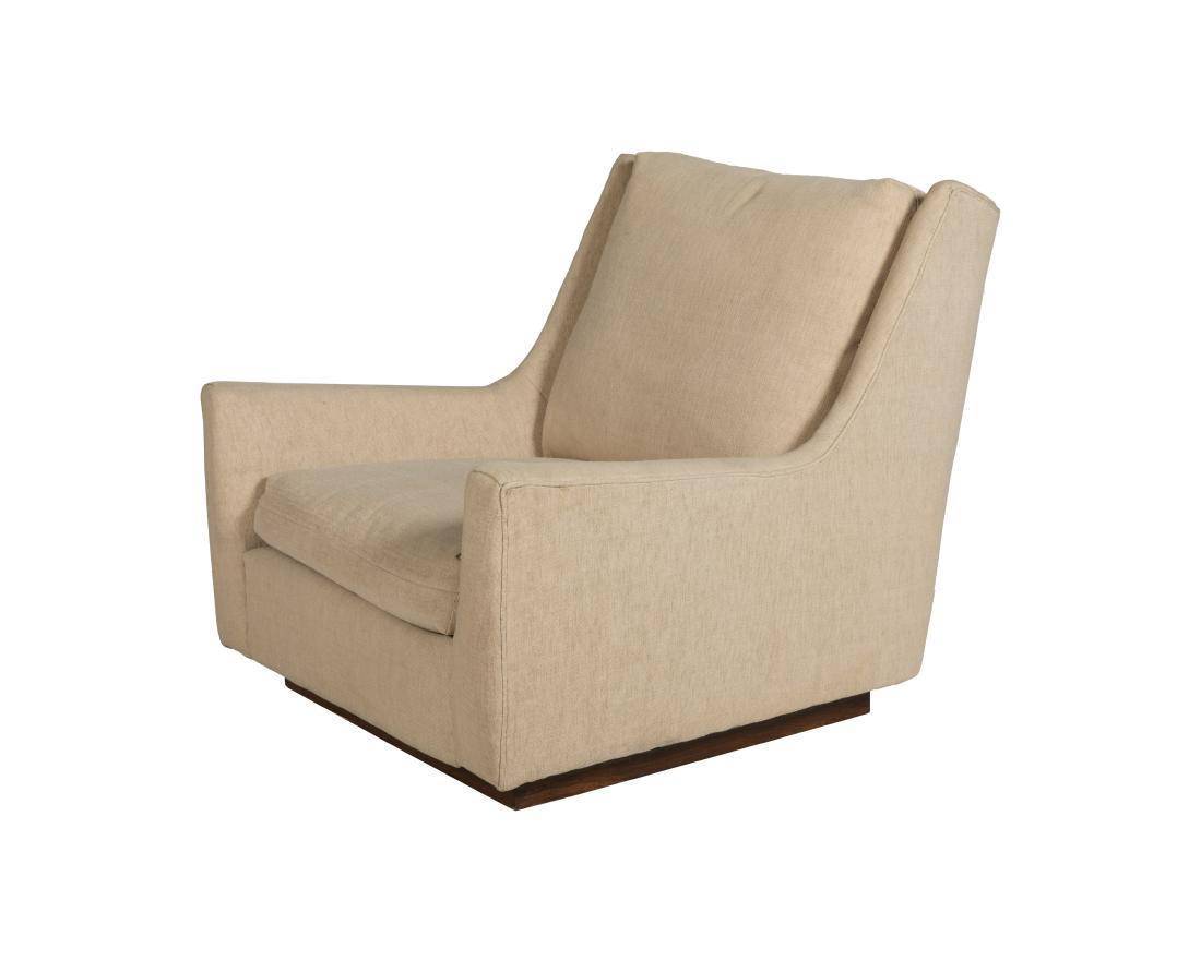 Upholstered Lounge Chair - Probably Probber: Description - An upholstered lounge chair on a walnut base, probably Harvey Probber. Dimensions - 35" x 34.5" x 34"