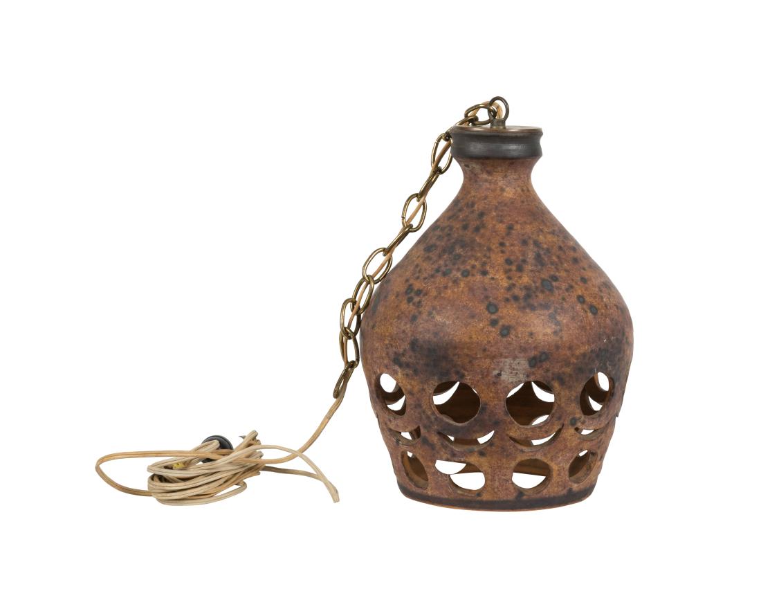 Terra Cotta Pendant Lamp: Description - A Terra Cotta pendant lamp. Dimensions - 13" x 9"