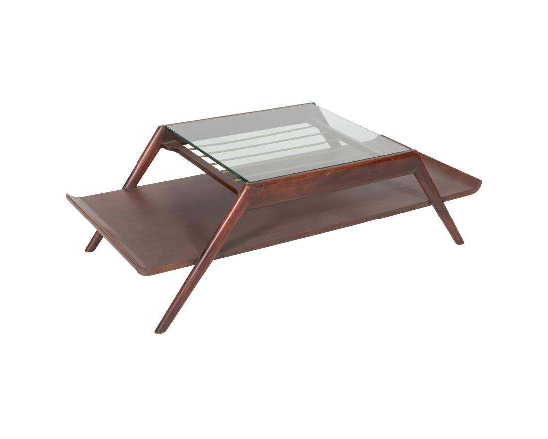 Mahogany Coffee Table with Glass Top: Description - A mahogany coffee table with a glass top. Dimensions - 16" x 51.5" x 23"