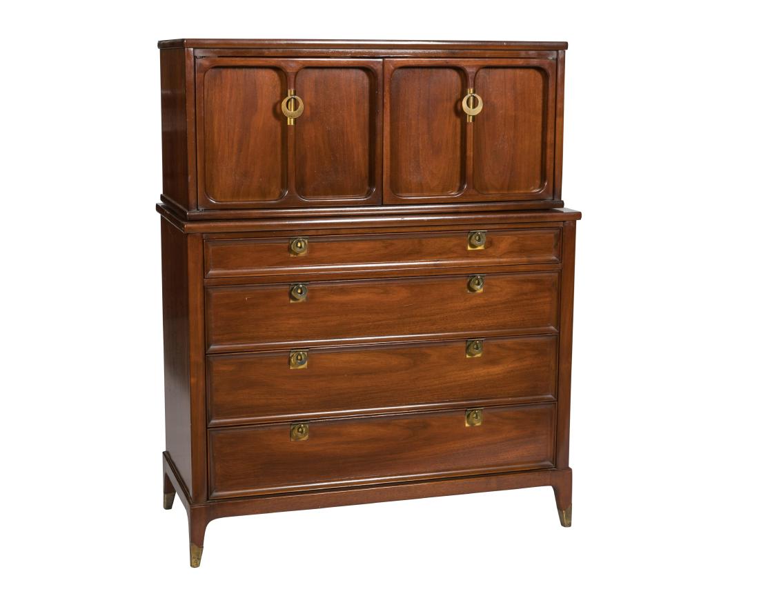 White Furniture Co. Walnut Chest on Chest: Description - A White Furniture Company walnut chest on chest with brass hardware and feet. Dimensions - 51" x 40" x 19"