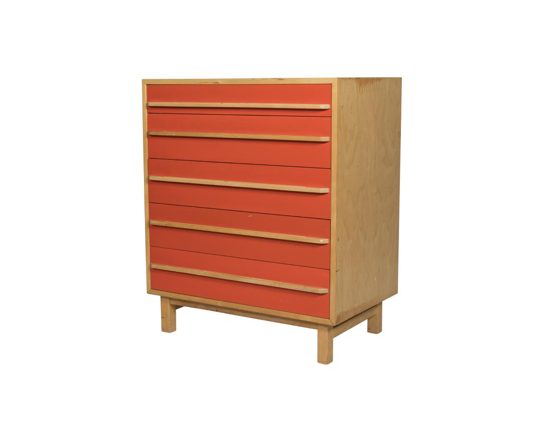 Haug Snekkeri Norwegian Chest of Drawers - Signed: Description - A Haug Anekkeri Norwegian orange, lacquer and birch chest of drawers, signed. Dimensions - 37.5" x 31.5" 20"
