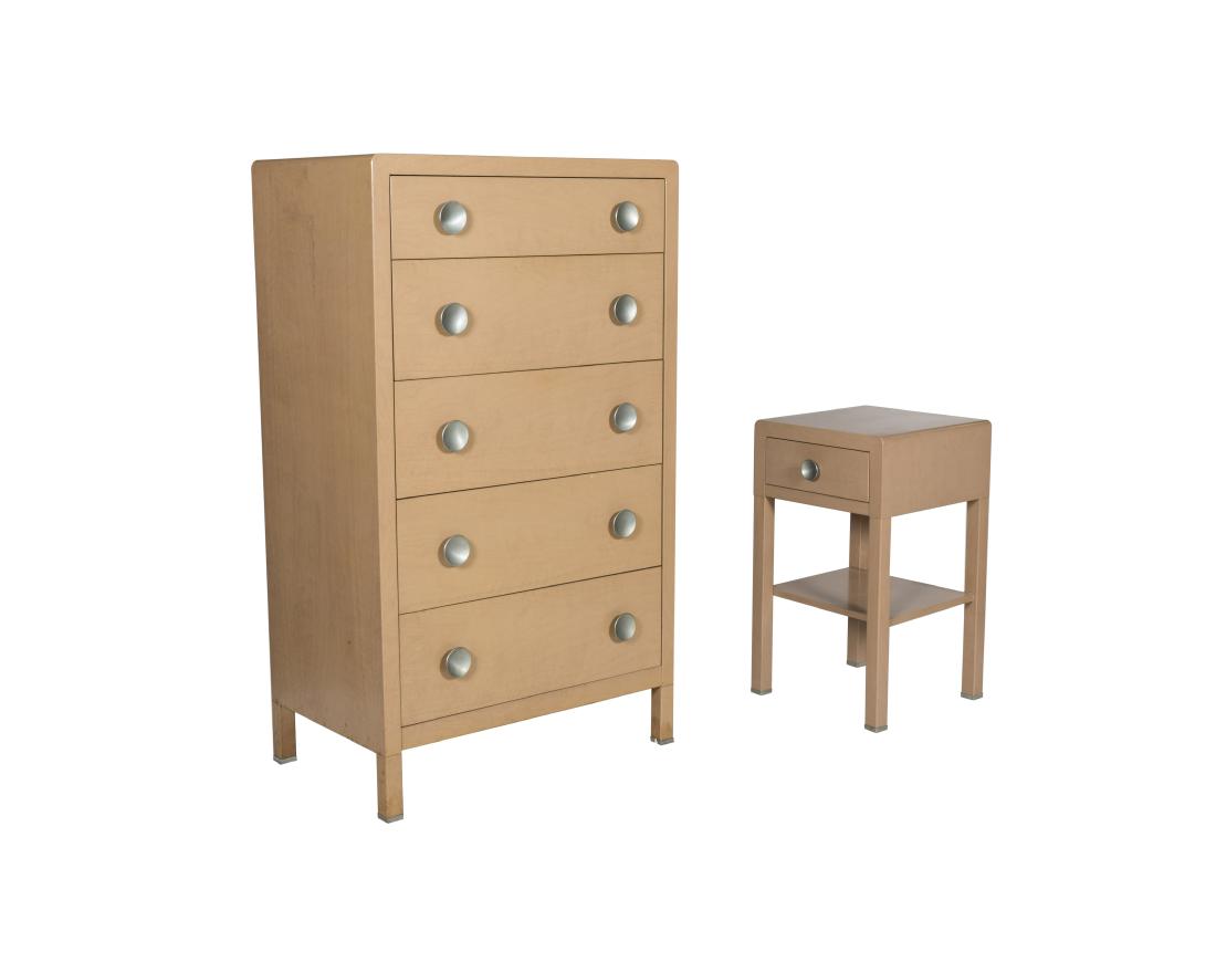 Normal Bel Geddes for Simmons Chest and Nightstand: Description - A Norman Bel Geddes for Simmons commercial metal chest and nightstand, signed. Dimensions - Chest - 52" x 30" x 19"