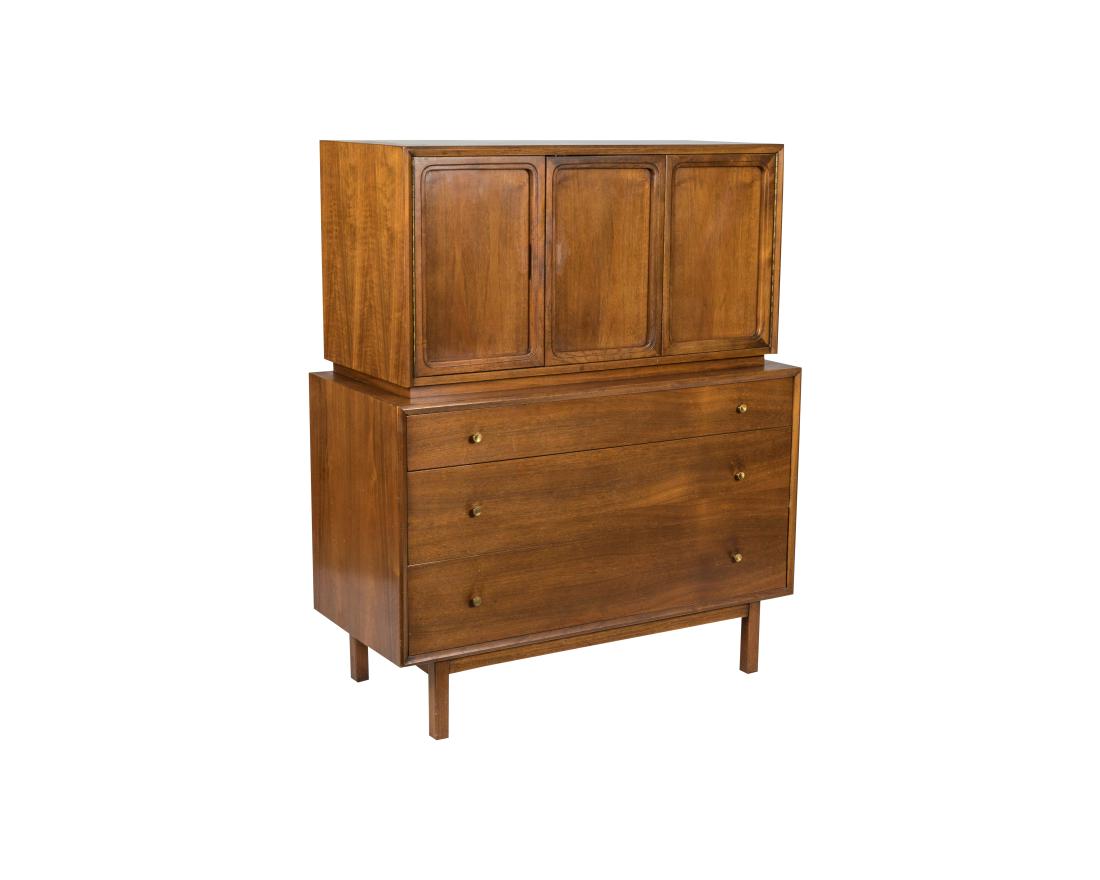 American of Martinsville Highboy - Signed: Description - An American of Martinsville highboy with brass pulls, signed. Dimensions - 51" x 42" x 19"
