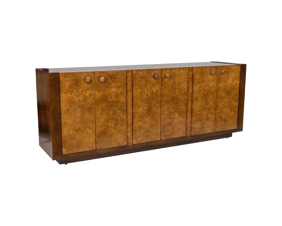 Century Burled Walnut Credenza: Description - A Century burled walnut credenza. Dimensions - 29.5" x 76" x 18"