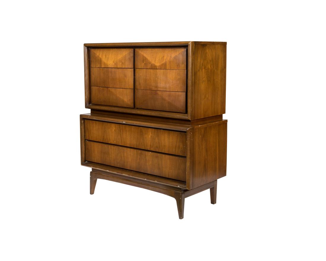 United Furniture Kagan Style Highboy: Description - A United Furniture Kagan style walnut highboy. Dimensions - 50" x 44" x 20"