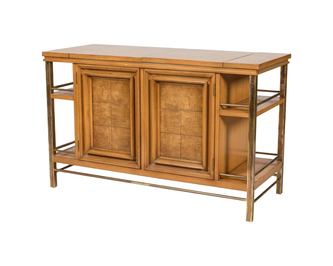 Mid Century Burl and Brass Foldout Bar: Description - A mid century burl and brass detail foldout bar. Dimensions - closed - 27" x 42.5" x 18"