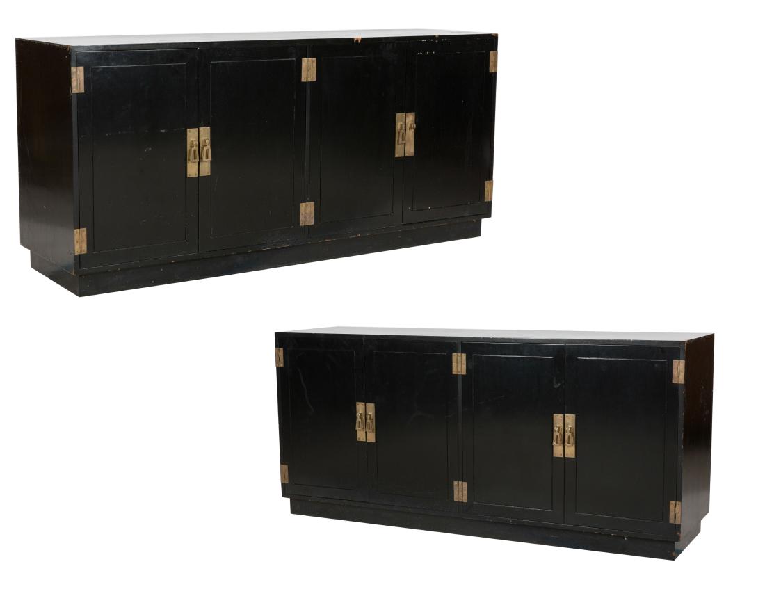 Chinese Modern Black Lacquer Credenzas - Pair: Description - A pair of Chinese modern black lacquer credenzas. Dimensions - 30" x 66" x 18"