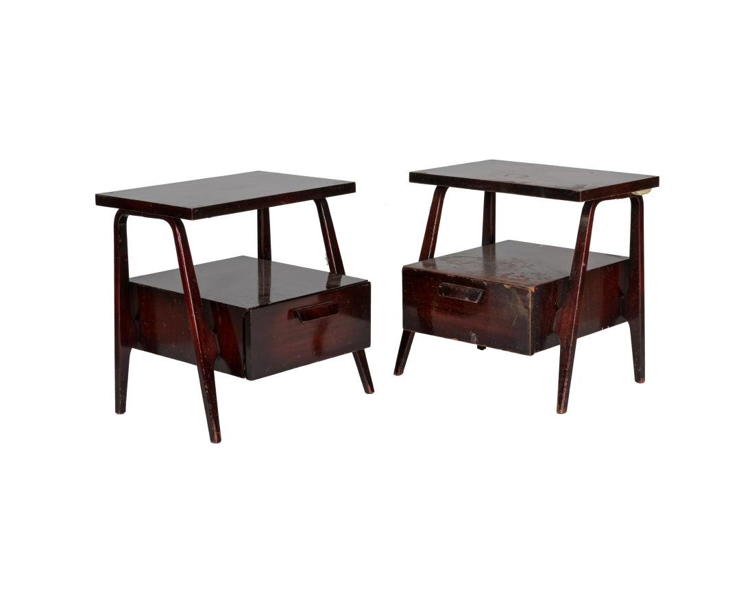 Pair Angled Mahogany Nightstands: Description - A pair of angled mahogany nightstands. Dimensions - 24" x 24" x 21"
