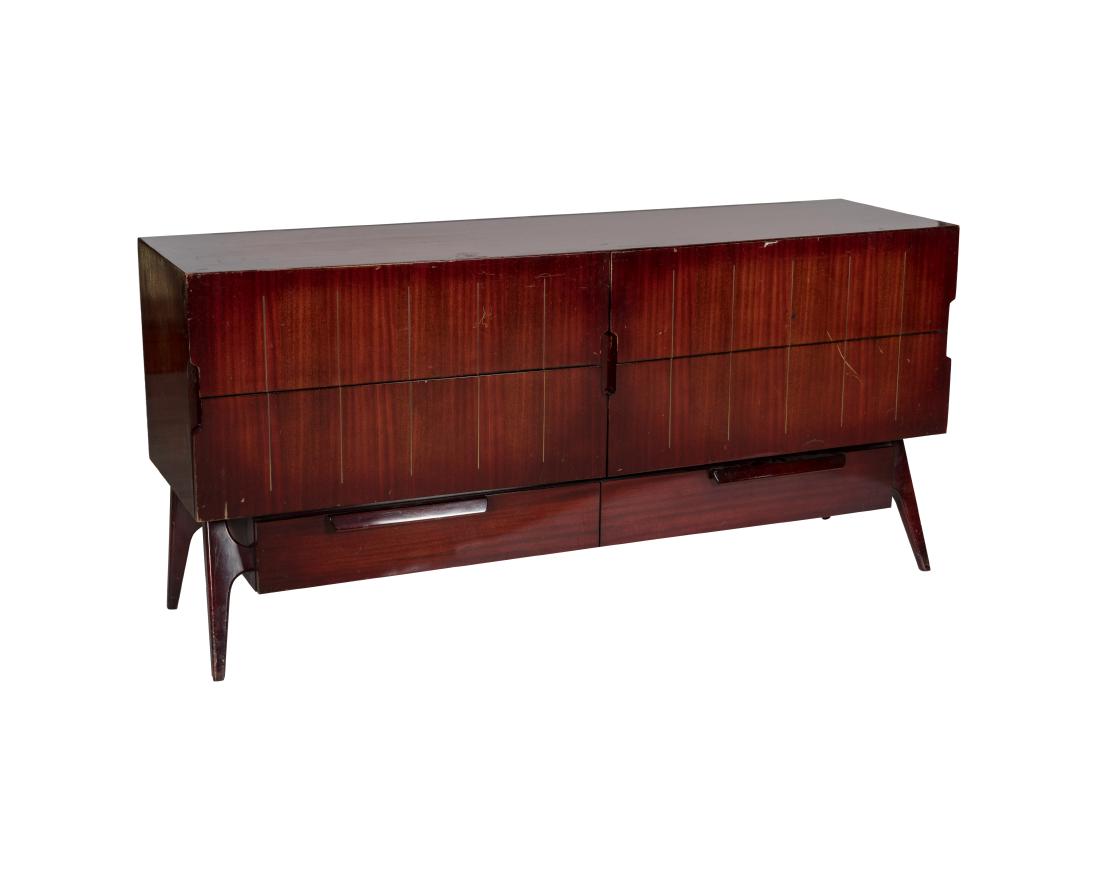 Mahogany Credenza/Chest: Description - A mahogany credenza/chest with brass inlay. Dimensions - 34" x 72" x 20"