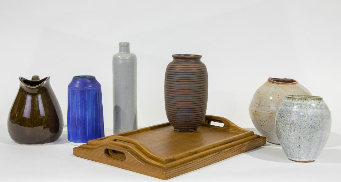 Signed Six Piece Pottery and Thee Teak Trays (1 of 3)