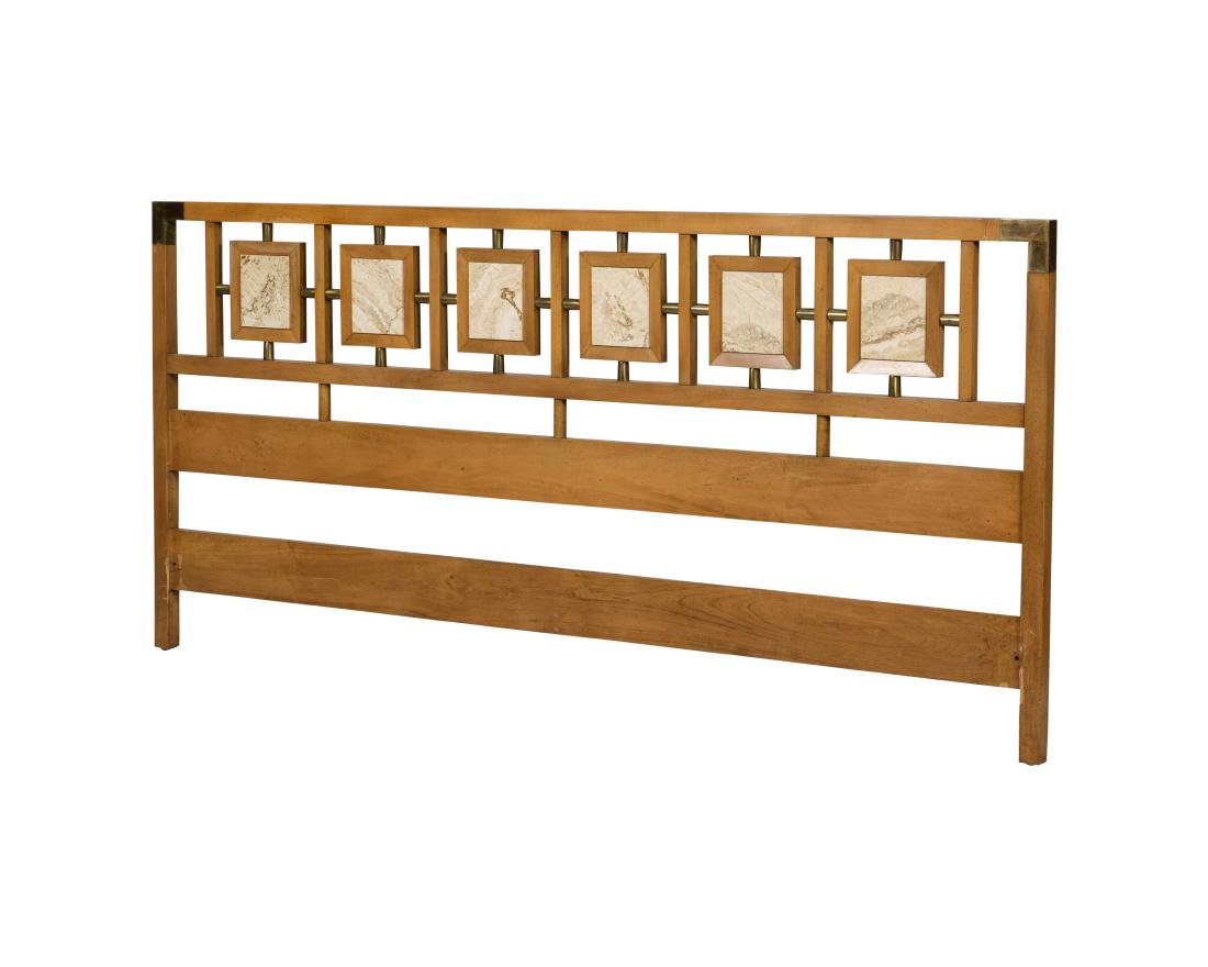 Mid Century Burl Brass and Stone Headboard: Description - A mid century burl brass and stone detail headboard. Dimensions - 37" x 78"