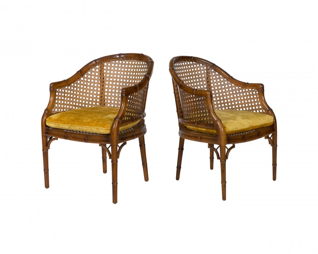 Caned Faux Bamboo Chairs - Pair: Description - A pair of caned faux bamboo lounge chairs. Dimensions - 33" x 23" x 21"