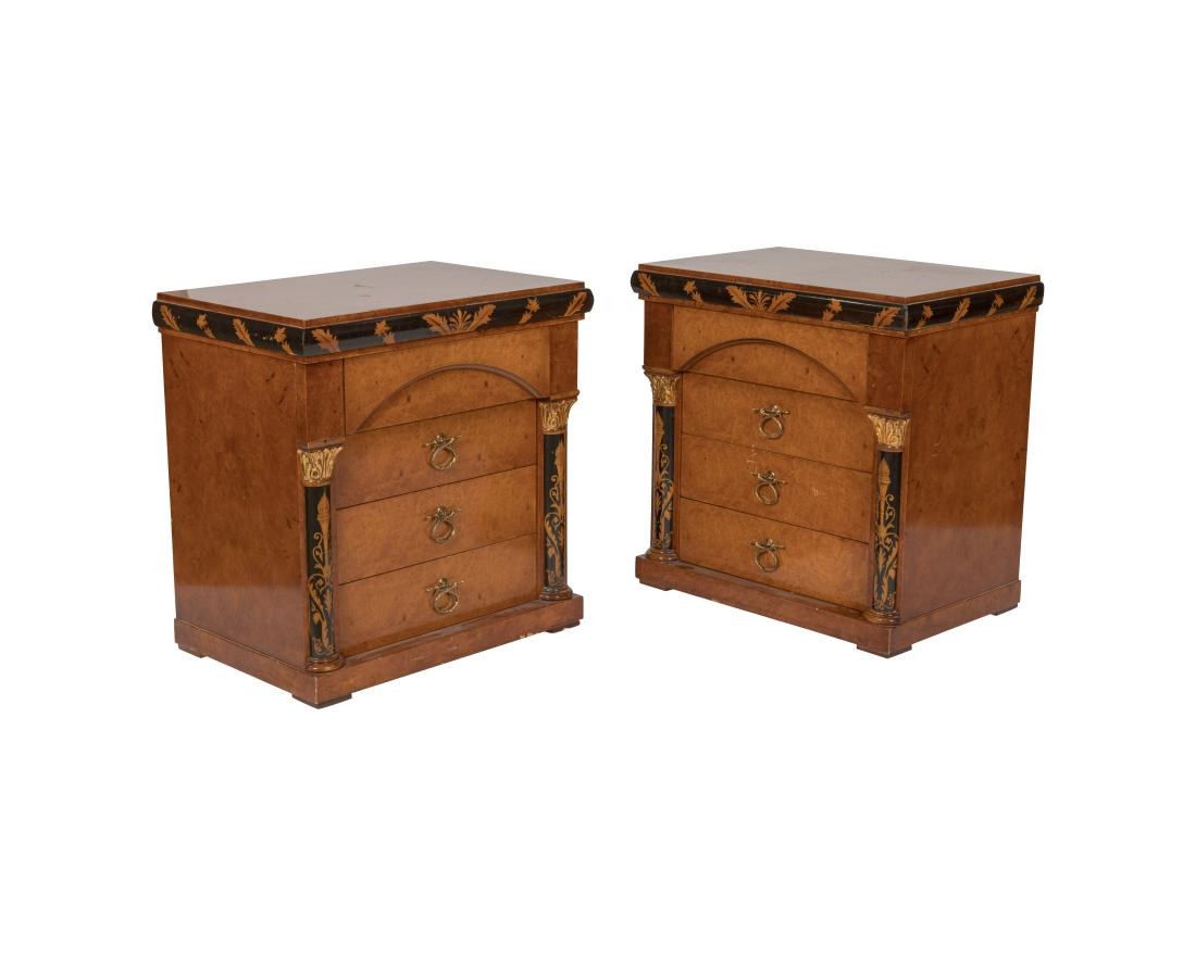 Maggiolini Collection Italy Nightstands - Pair: Description - A pair of Maggiolini Collection Italy burled and inlaid nightstands. Dimensions - 29" x 28" x 19"