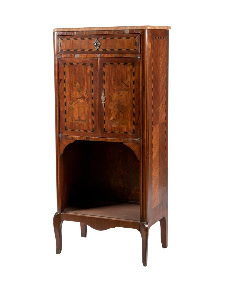 French Marble Top Inlaid Cabinet: Description - French marble top inlaid cabinet. Dimensions - 52" x 23.5" x 14"