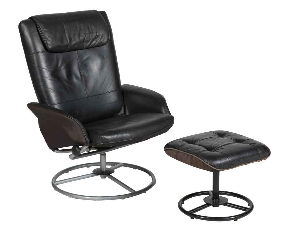 Black Leather Reclining Lounge and Ottoman: Description - Black leather reclining lounge and ottoman. Dimensions - Lounge - 37" x 28" x 23"
