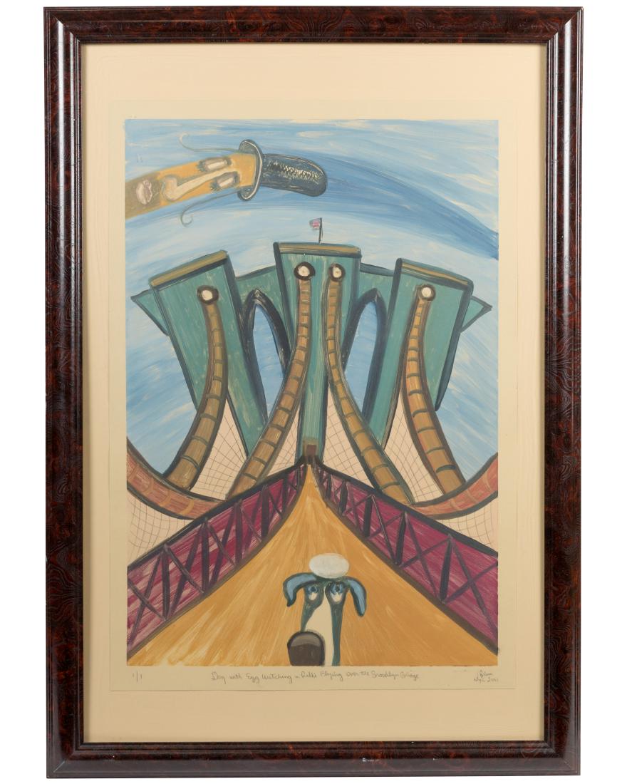 J. Blum - Signed Monoprint: Description - J BLum monoprint titled "Dog with Egg Watching a Rabbi Flying Over Brooklyn Bridge" Dimensions - Sheet - 30" x 21"