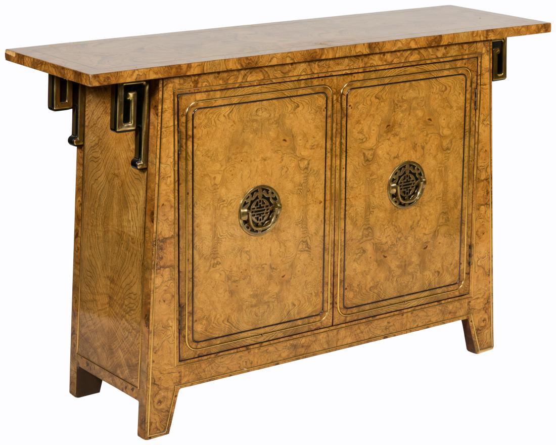 Mastercraft Burl and Brass Server: Description - Mastercraft burl and brass server with paper label. Dimensions - 33" x 51.5" x 15"